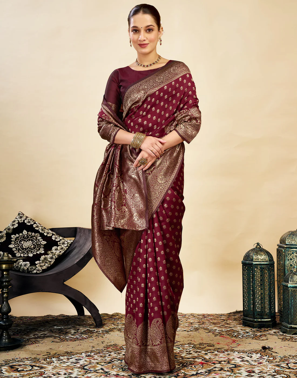 Royal Maroon Banarasi Silk Saree with Golden Zari Weaving