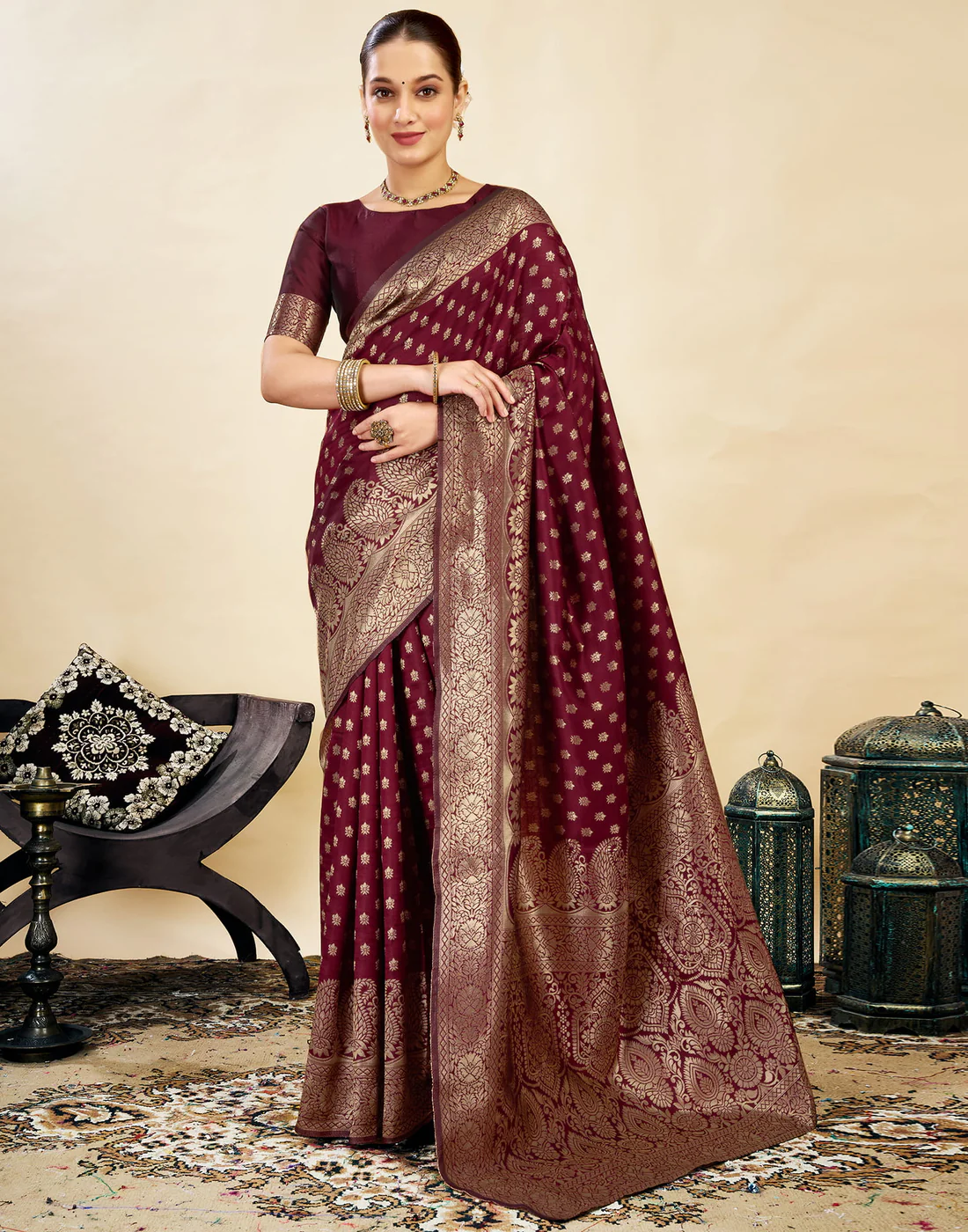 Royal Maroon Banarasi Silk Saree with Golden Zari Weaving