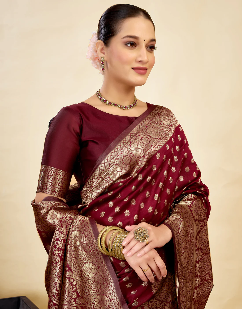 Royal Maroon Banarasi Silk Saree with Golden Zari Weaving