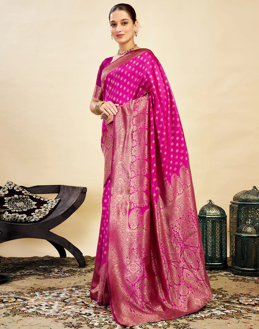 Radiant Pink Banarasi Silk Saree with Golden Zari Weaving