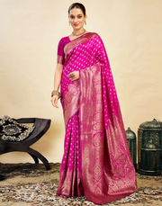 Radiant Pink Banarasi Silk Saree with Golden Zari Weaving