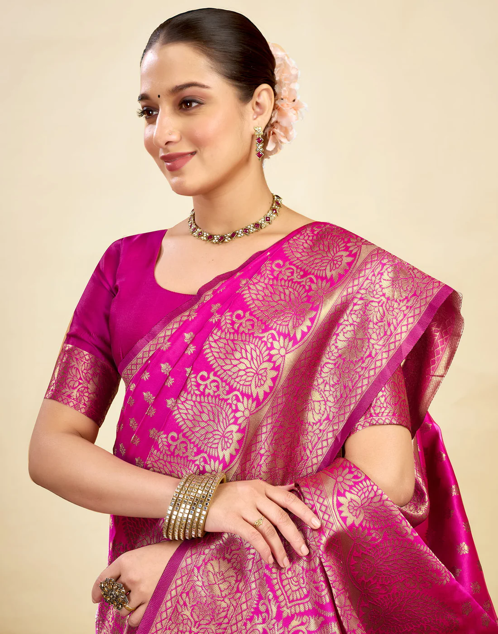 Radiant Pink Banarasi Silk Saree with Golden Zari Weaving