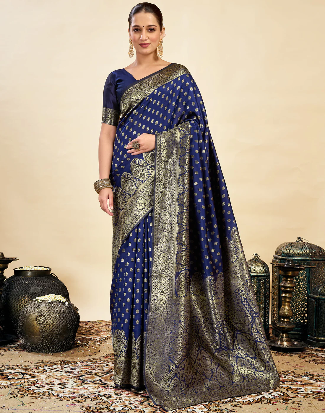 Regal Navy Blue Banarasi Silk Saree with Golden Zari Weaving