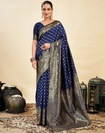 Regal Navy Blue Banarasi Silk Saree with Golden Zari Weaving