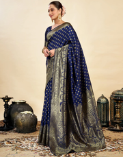 Regal Navy Blue Banarasi Silk Saree with Golden Zari Weaving