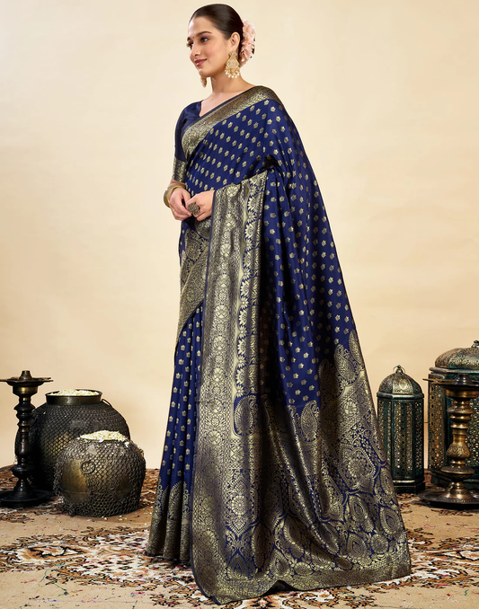 Regal Navy Blue Banarasi Silk Saree with Golden Zari Weaving