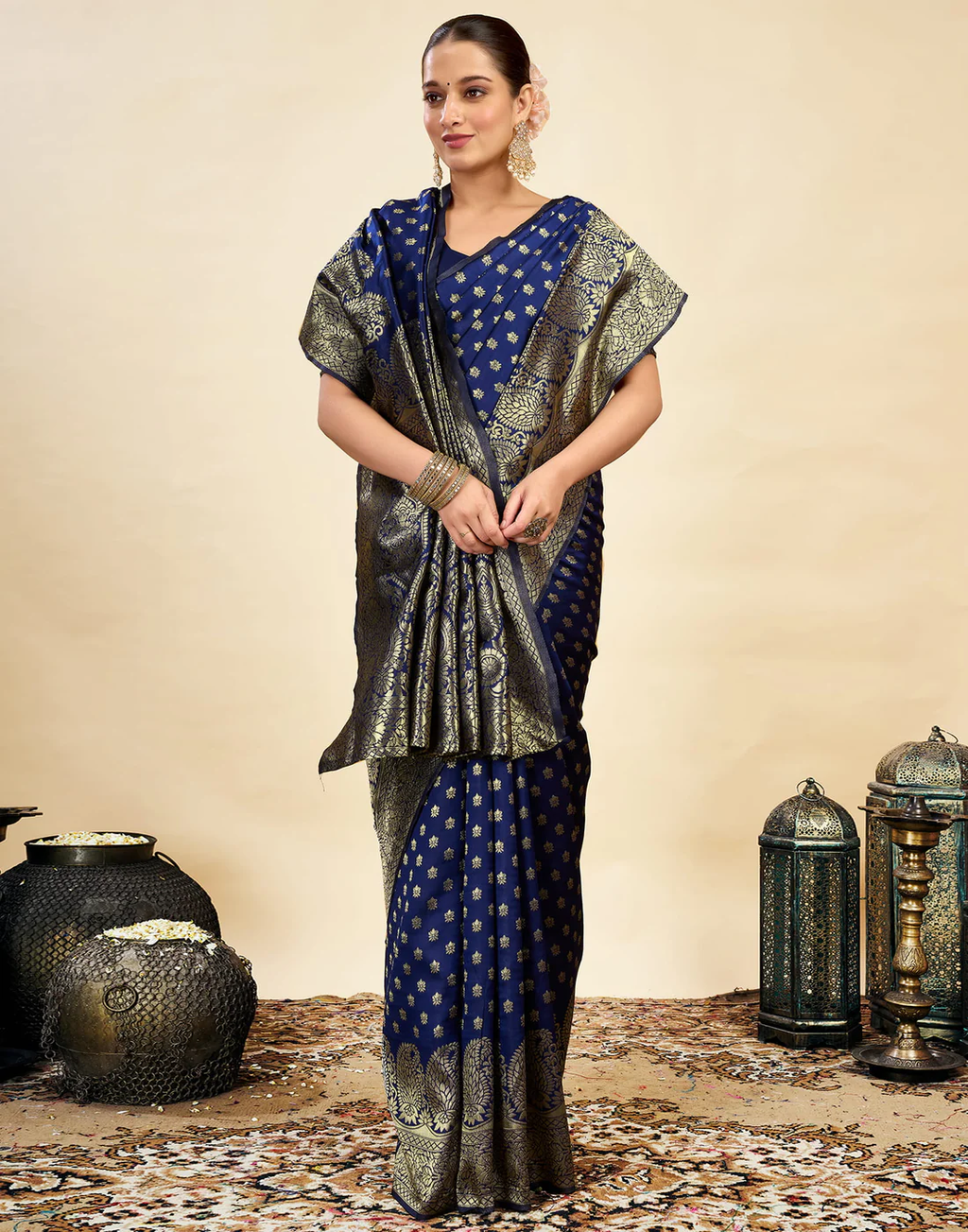 Regal Navy Blue Banarasi Silk Saree with Golden Zari Weaving