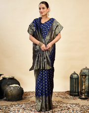 Regal Navy Blue Banarasi Silk Saree with Golden Zari Weaving