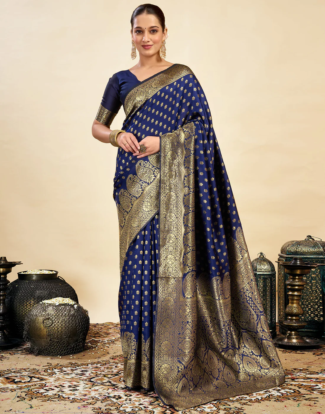 Regal Navy Blue Banarasi Silk Saree with Golden Zari Weaving
