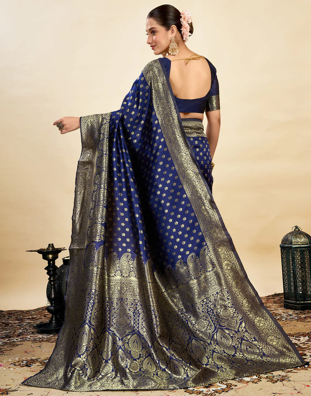 Regal Navy Blue Banarasi Silk Saree with Golden Zari Weaving