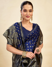 Regal Navy Blue Banarasi Silk Saree with Golden Zari Weaving