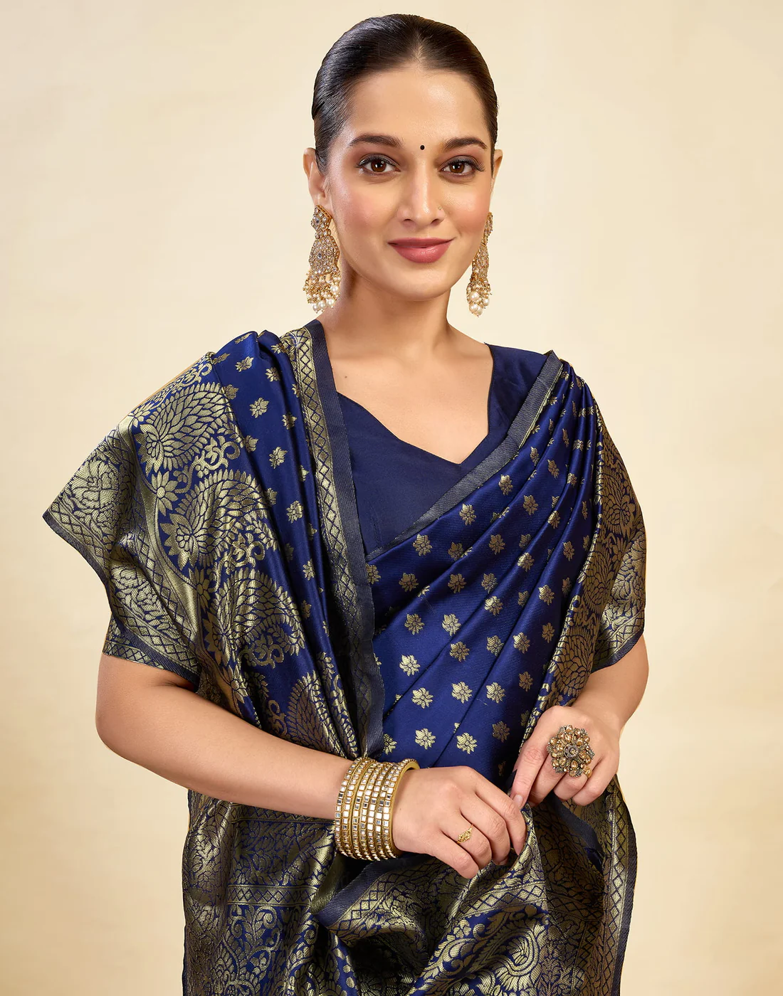 Regal Navy Blue Banarasi Silk Saree with Golden Zari Weaving
