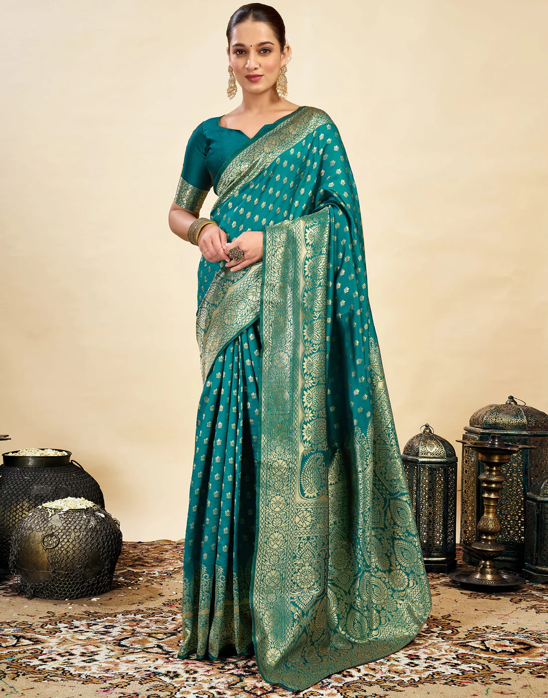 Majestic Teal Banarasi Silk Saree with Golden Zari Weaving