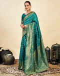 Majestic Teal Banarasi Silk Saree with Golden Zari Weaving