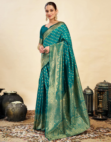 Majestic Teal Banarasi Silk Saree with Golden Zari Weaving