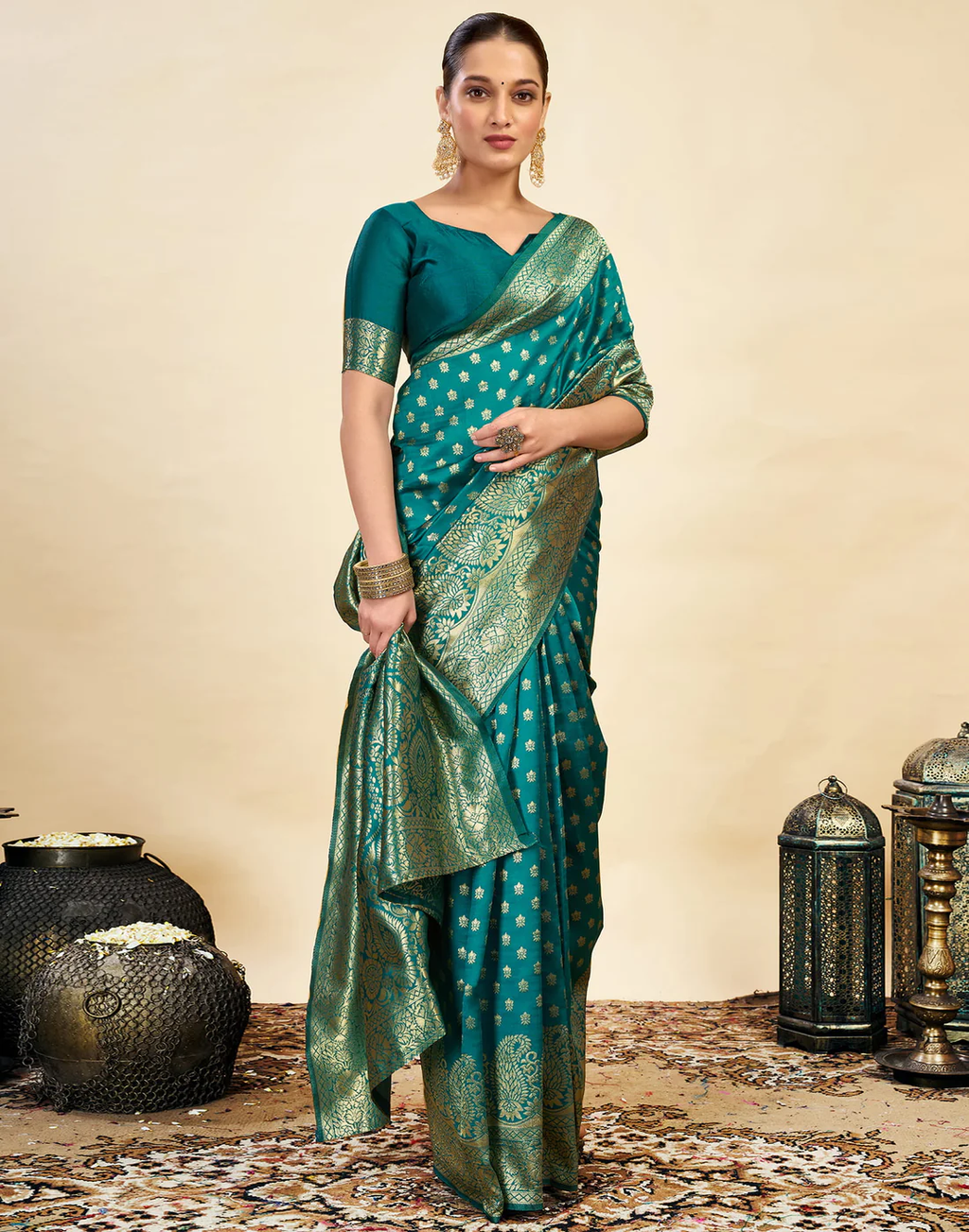 Majestic Teal Banarasi Silk Saree with Golden Zari Weaving