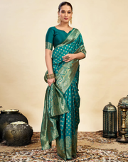 Majestic Teal Banarasi Silk Saree with Golden Zari Weaving