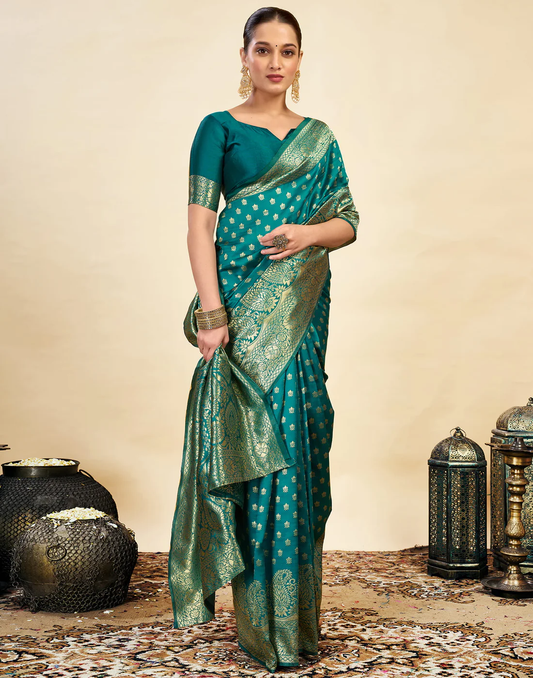 Majestic Teal Banarasi Silk Saree with Golden Zari Weaving