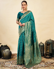 Majestic Teal Banarasi Silk Saree with Golden Zari Weaving
