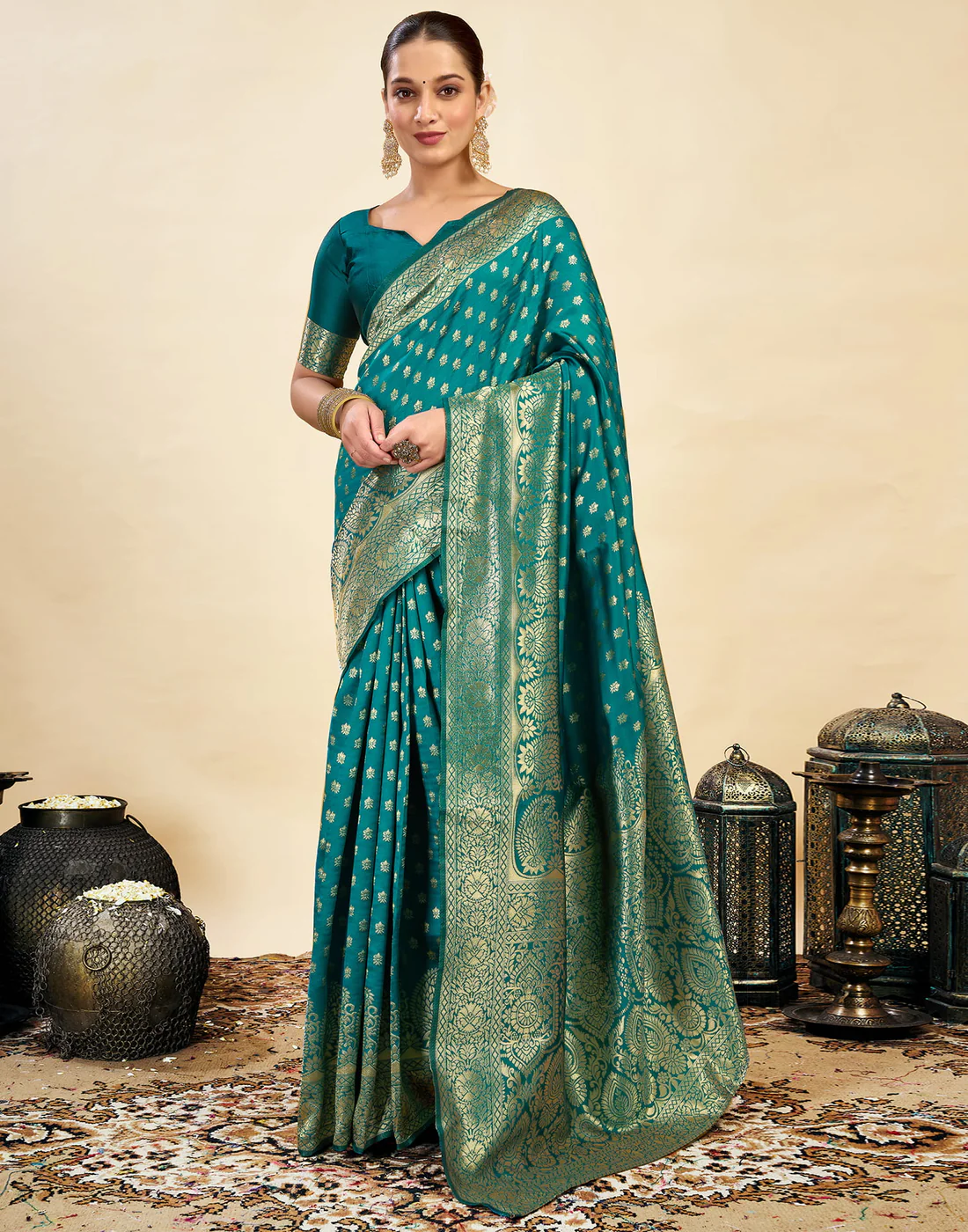 Majestic Teal Banarasi Silk Saree with Golden Zari Weaving