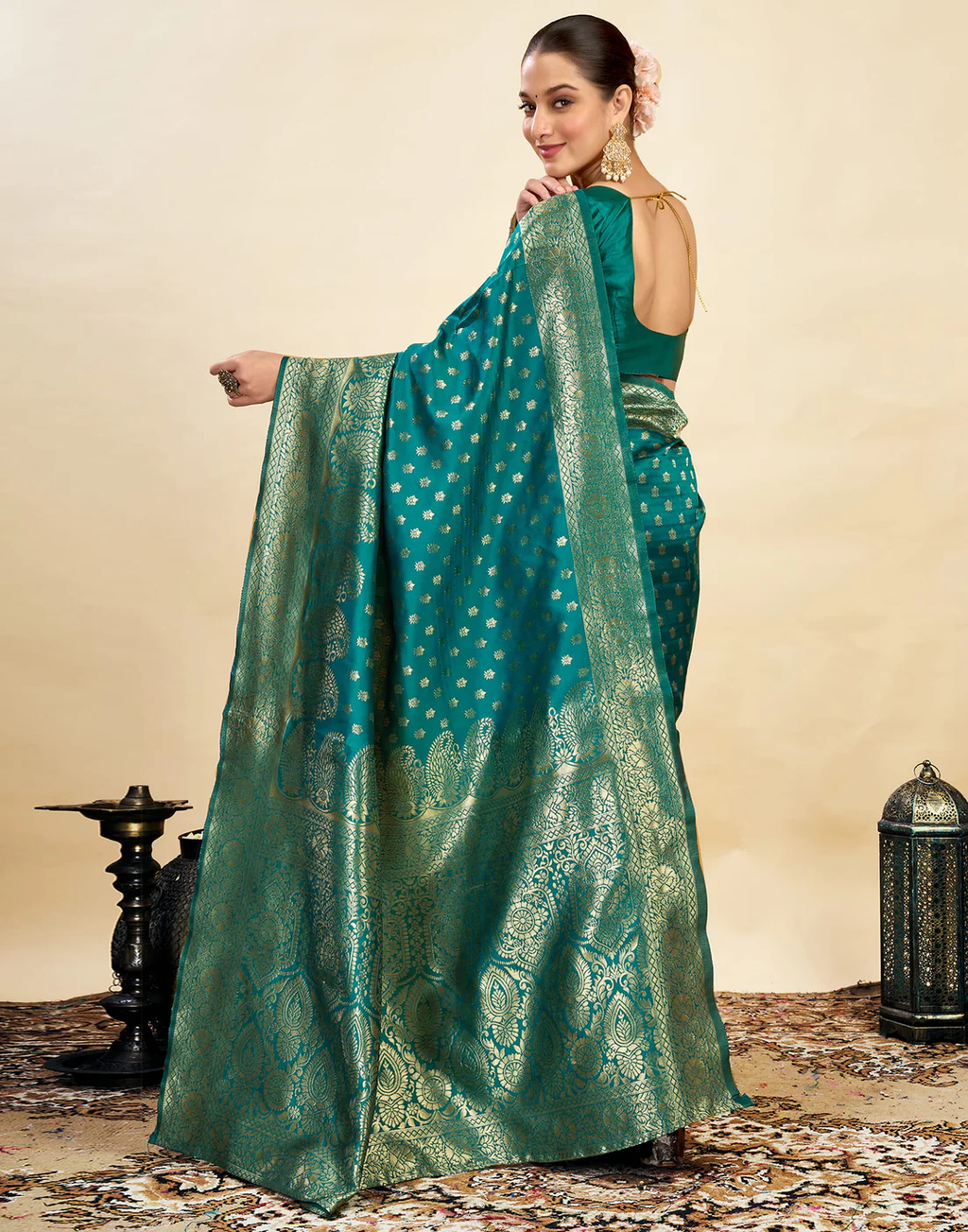 Majestic Teal Banarasi Silk Saree with Golden Zari Weaving