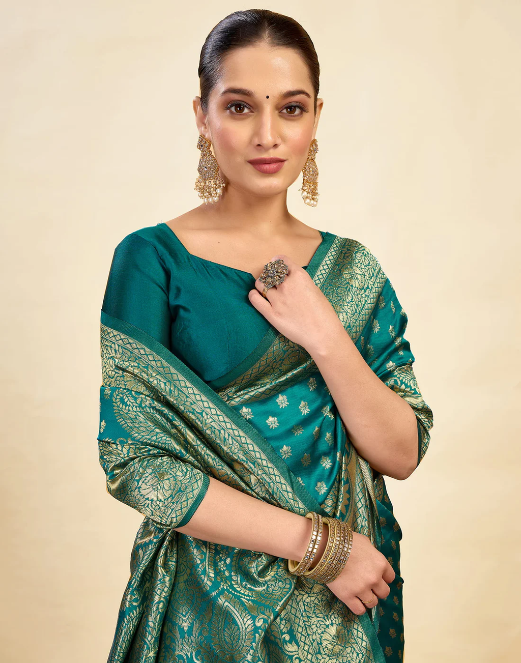 Majestic Teal Banarasi Silk Saree with Golden Zari Weaving