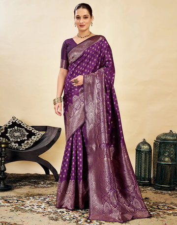 Opulent Wine Banarasi Silk Saree with Golden Zari Weaving