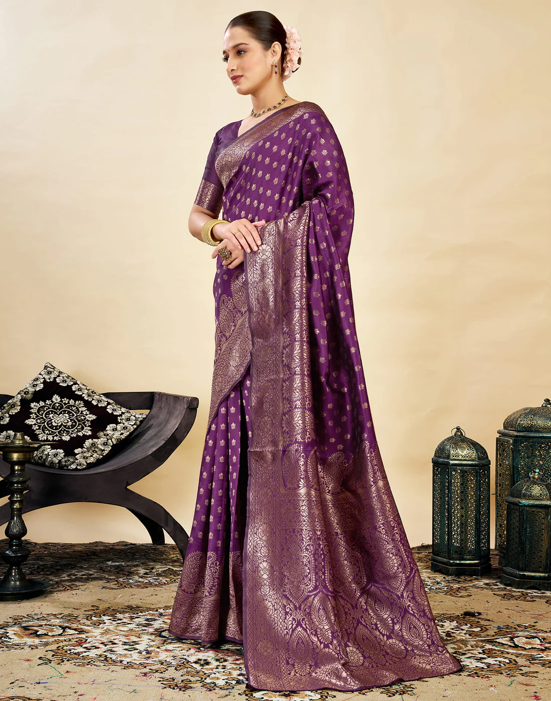 Opulent Wine Banarasi Silk Saree with Golden Zari Weaving