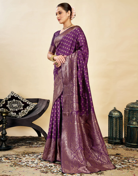 Opulent Wine Banarasi Silk Saree with Golden Zari Weaving