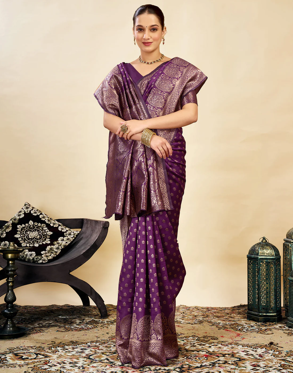 Opulent Wine Banarasi Silk Saree with Golden Zari Weaving