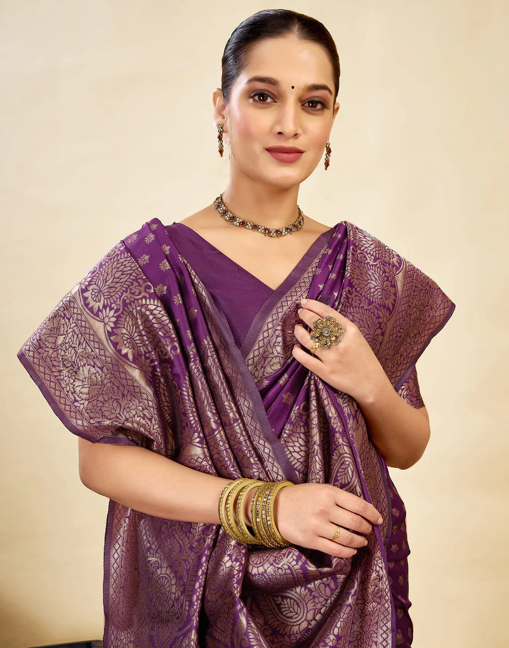 Opulent Wine Banarasi Silk Saree with Golden Zari Weaving