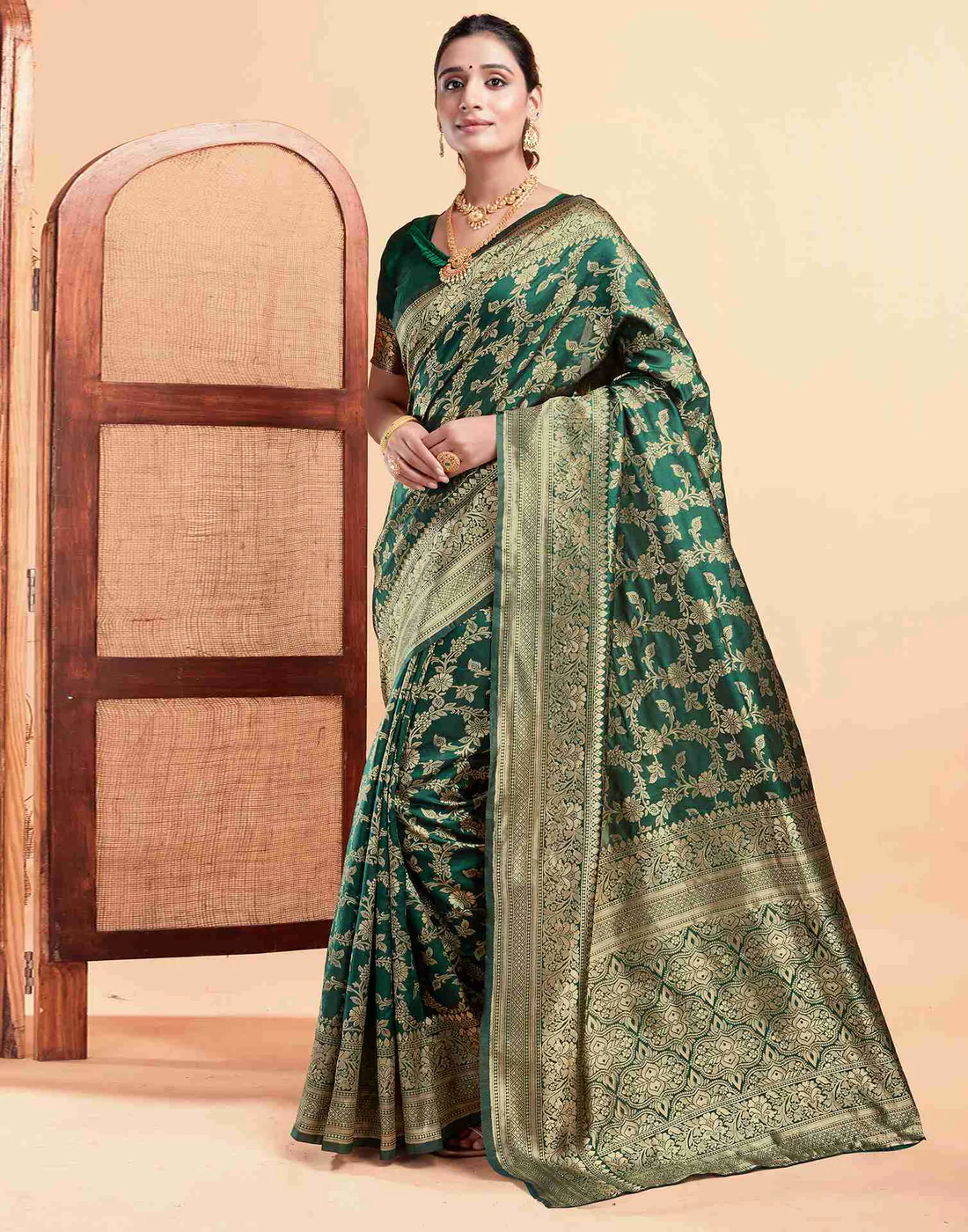 Regal Bottle Green Banarasi Silk Saree with Intricate Zari Weave