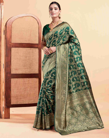 Regal Bottle Green Banarasi Silk Saree with Intricate Zari Weave