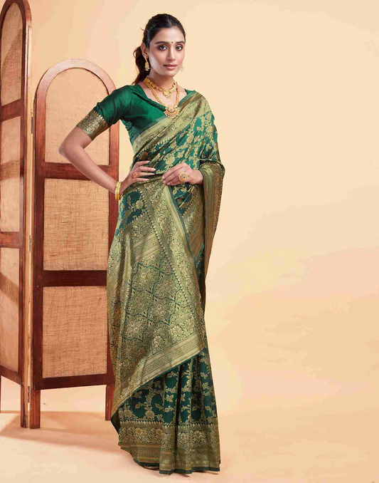 Regal Bottle Green Banarasi Silk Saree with Intricate Zari Weave