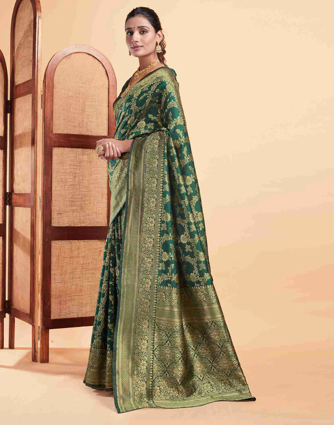 Regal Bottle Green Banarasi Silk Saree with Intricate Zari Weave