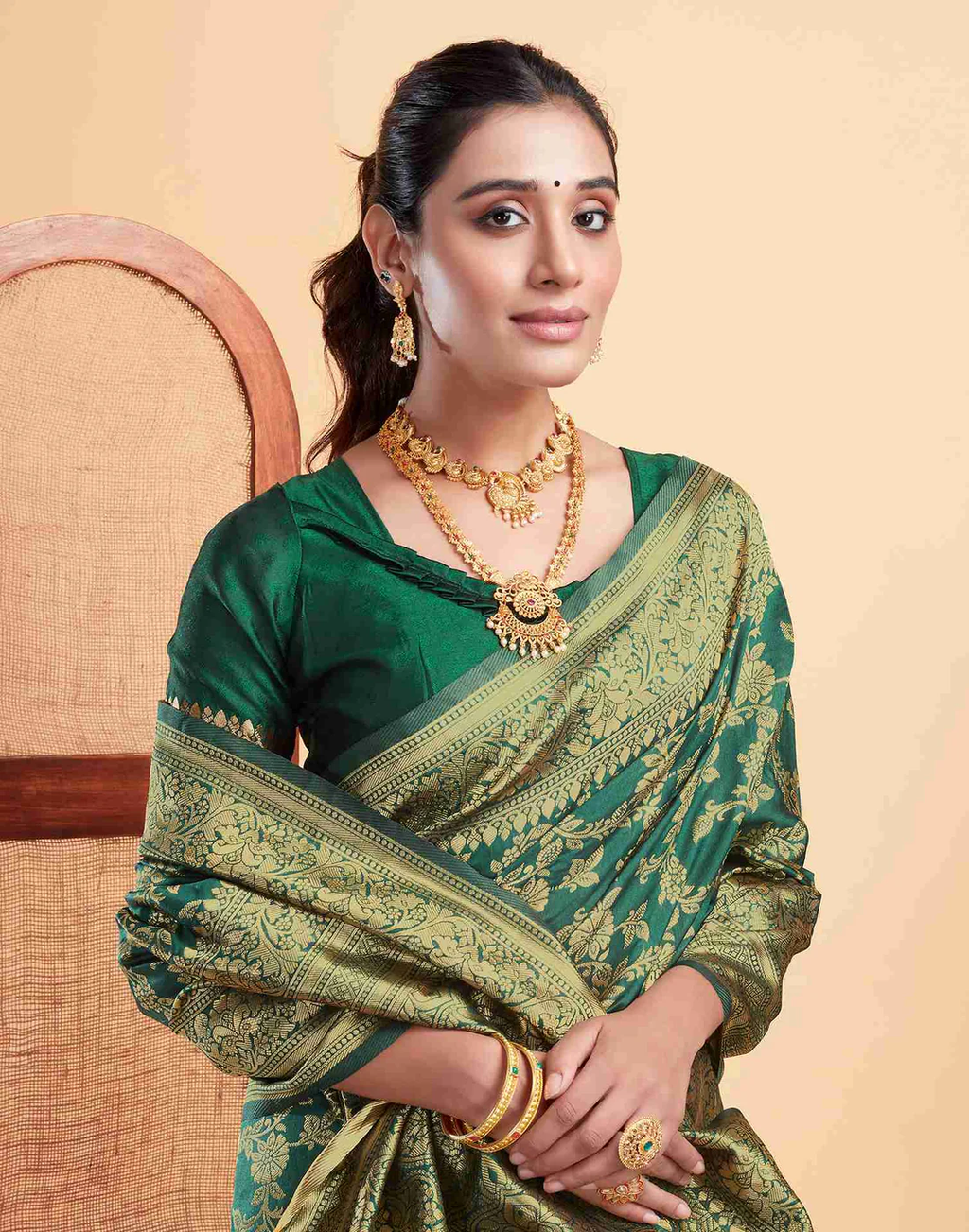 Regal Bottle Green Banarasi Silk Saree with Intricate Zari Weave