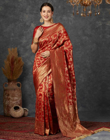 Kemp Red Banarasi Silk Saree with Intricate All-over Zari Weave