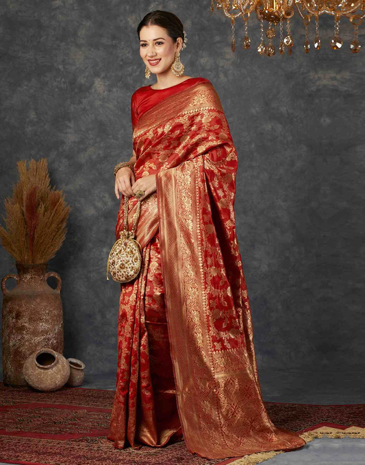 Kemp Red Banarasi Silk Saree with Intricate All-over Zari Weave