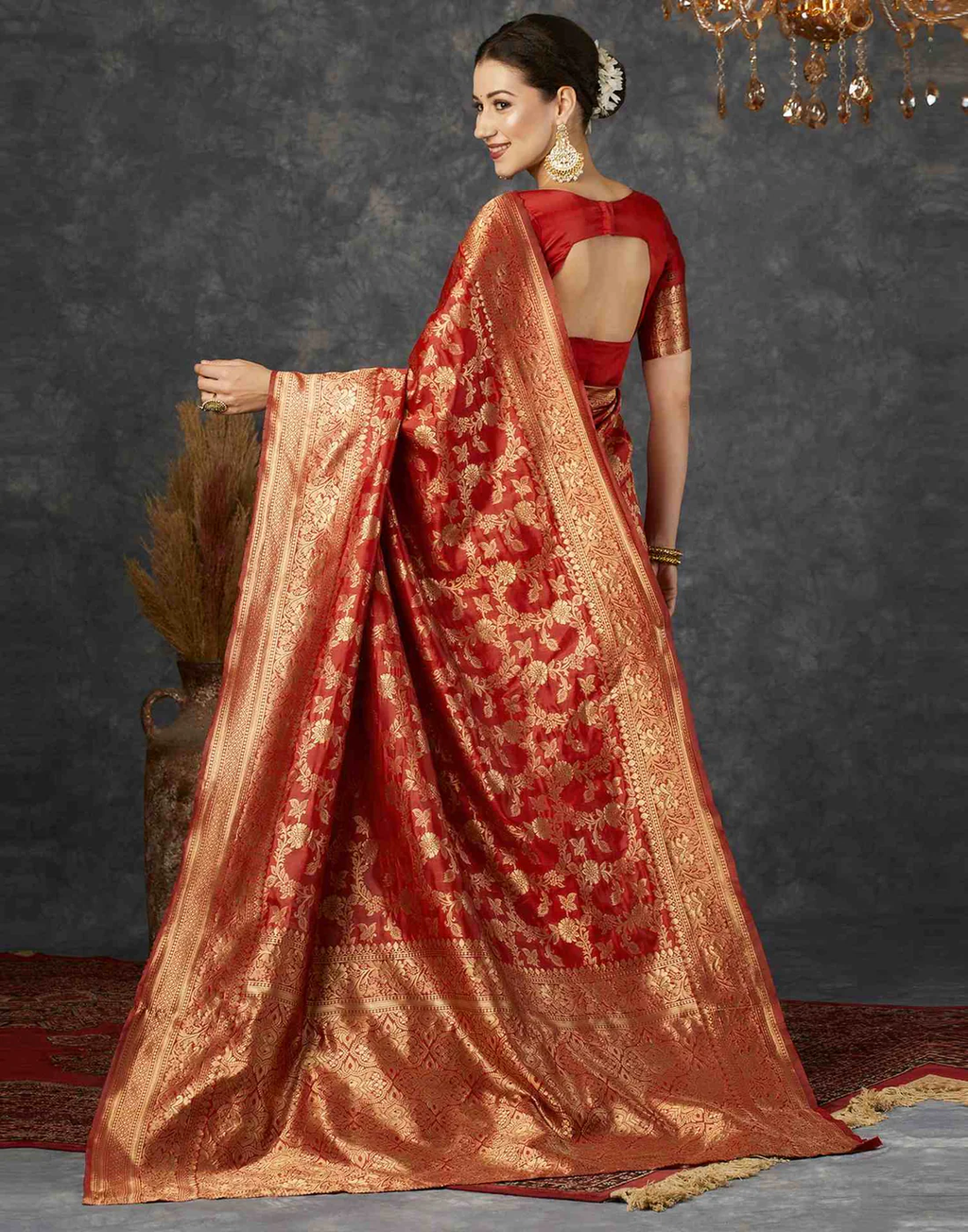 Kemp Red Banarasi Silk Saree with Intricate All-over Zari Weave