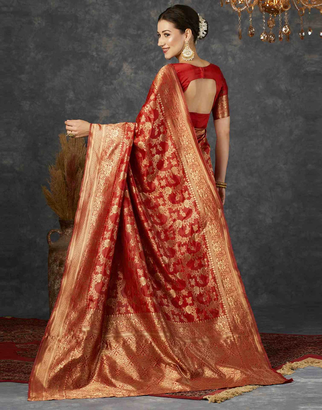 Kemp Red Banarasi Silk Saree with Intricate All-over Zari Weave