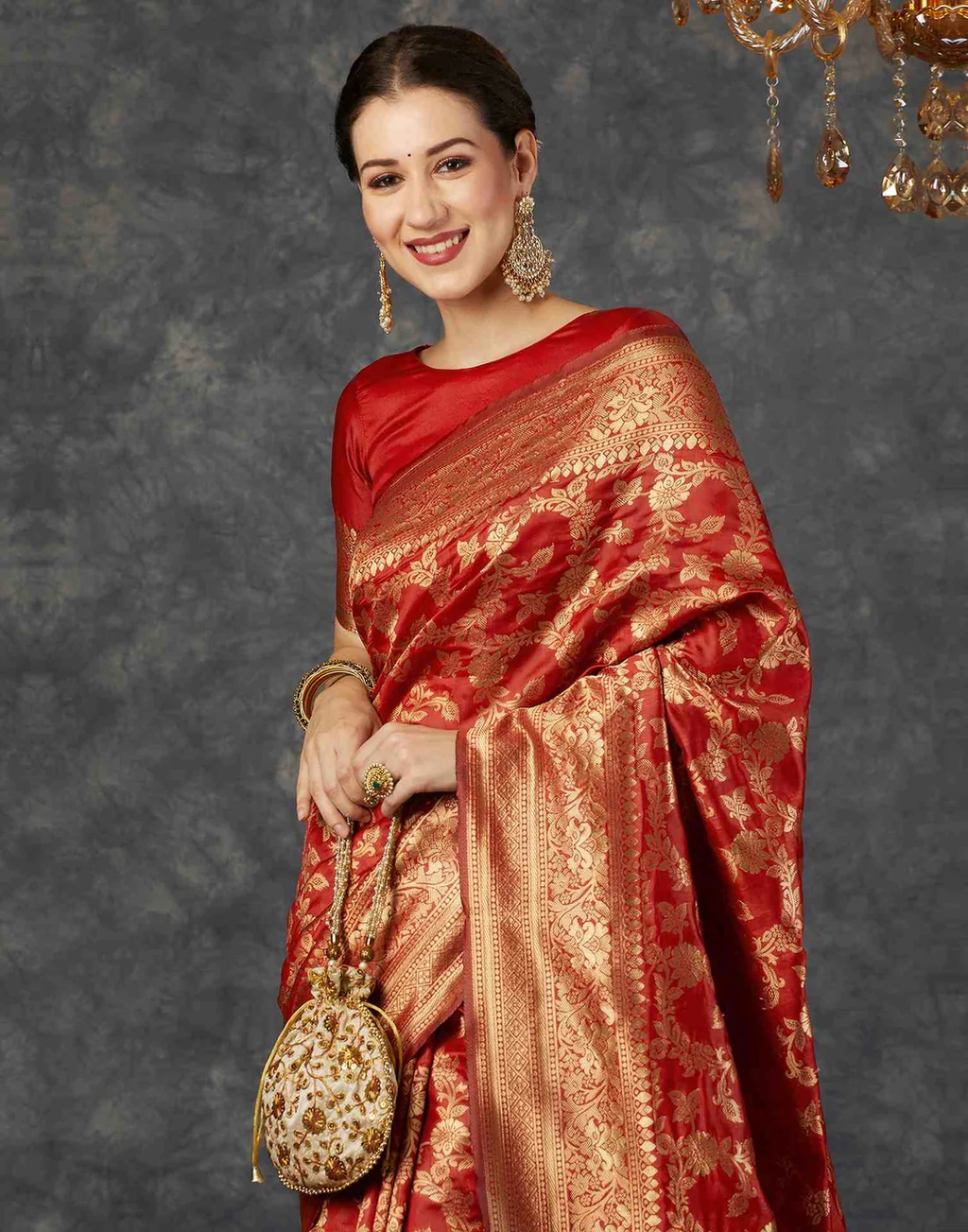 Kemp Red Banarasi Silk Saree with Intricate All-over Zari Weave
