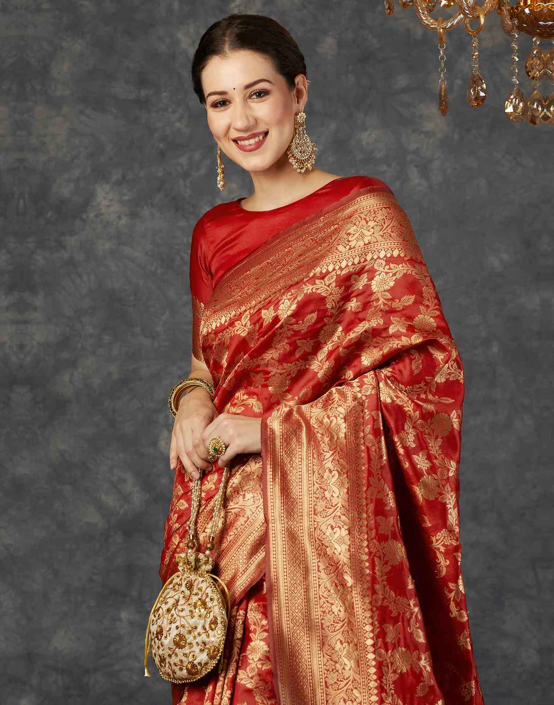Kemp Red Banarasi Silk Saree with Intricate All-over Zari Weave