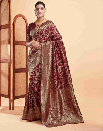 Regal Maroon Banarasi Silk Saree with Intricate Zari Weave