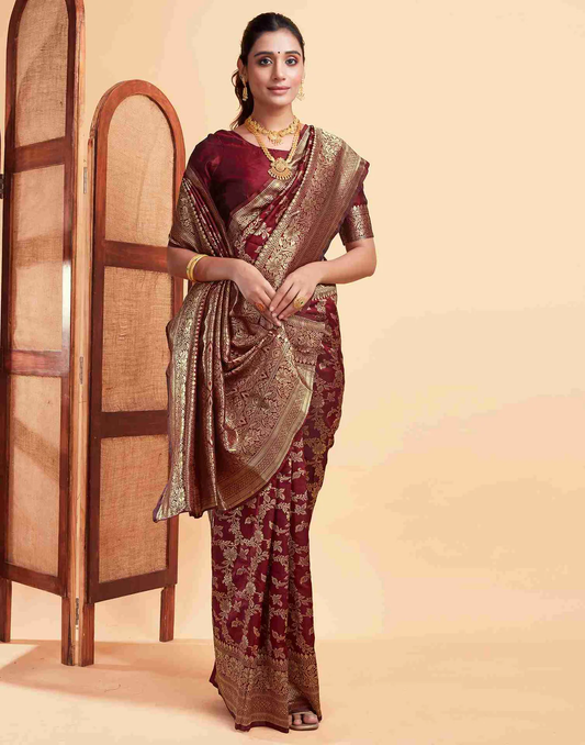 Regal Maroon Banarasi Silk Saree with Intricate Zari Weave