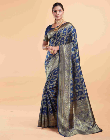 Royal Navy Blue Banarasi Silk Saree with Intricate Zari Weave