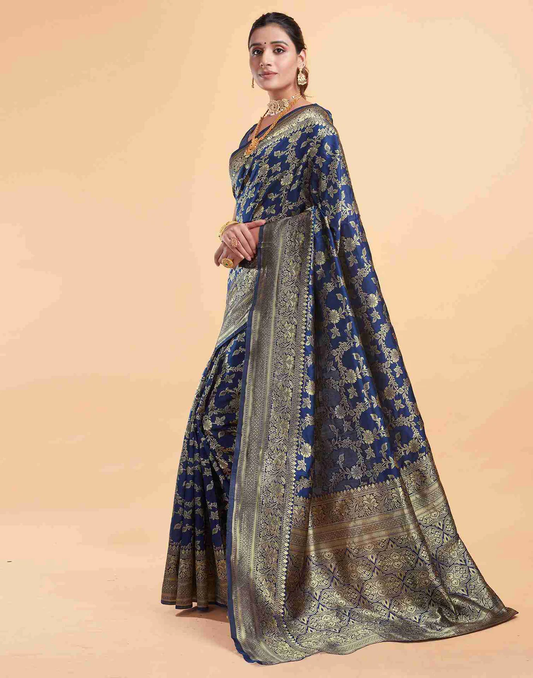 Royal Navy Blue Banarasi Silk Saree with Intricate Zari Weave