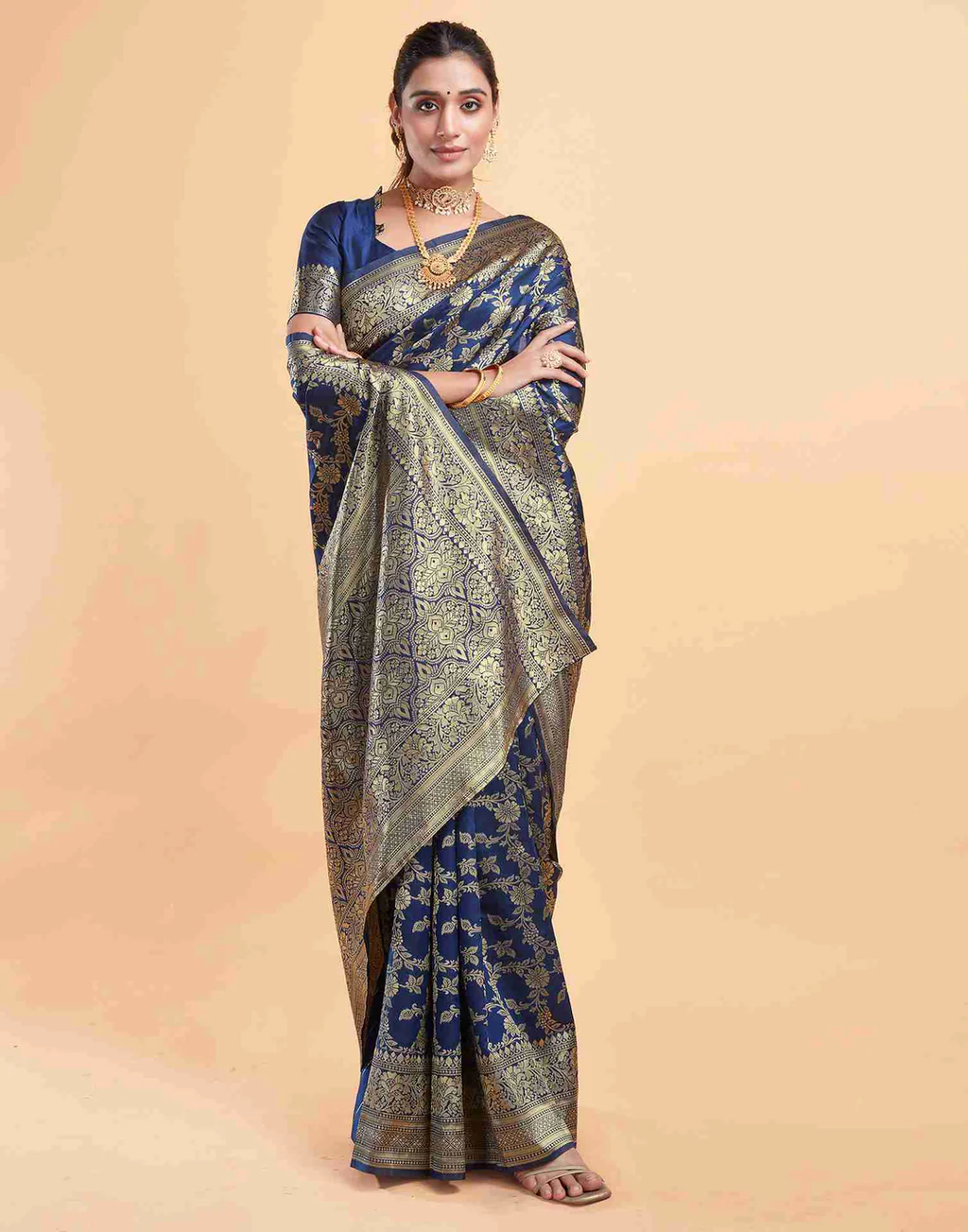 Royal Navy Blue Banarasi Silk Saree with Intricate Zari Weave
