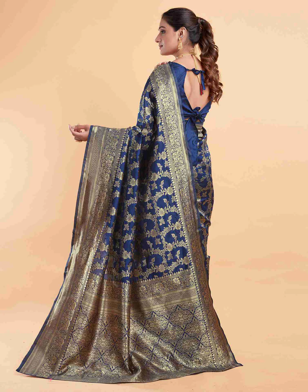 Royal Navy Blue Banarasi Silk Saree with Intricate Zari Weave