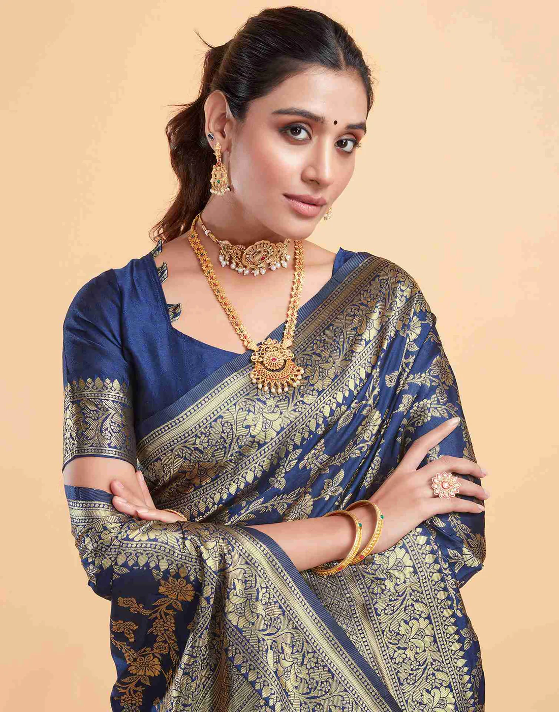 Royal Navy Blue Banarasi Silk Saree with Intricate Zari Weave