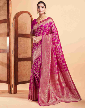 Vibrant Rani Pink Banarasi Silk Saree with Intricate Zari Weave